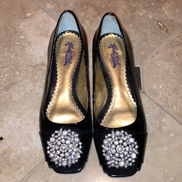 Hale Bob Shoes - Hale Bob black patent open toe jeweled flats 7